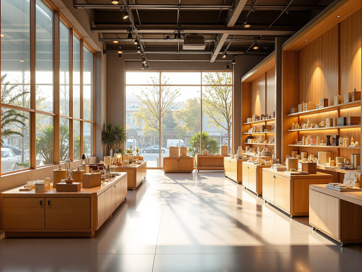 家居用品展示区域，整齐摆放着各类生活用品，环境整洁明亮