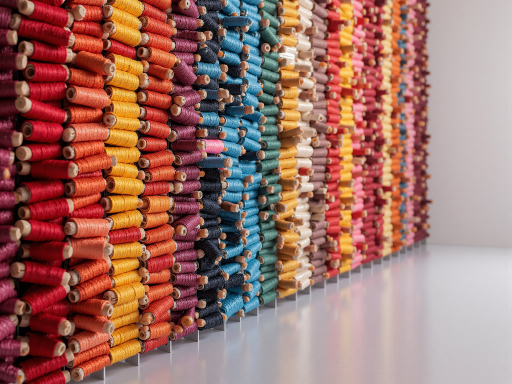 纺织品展示区域，悬挂着各种布料样品，色彩丰富，质感优良